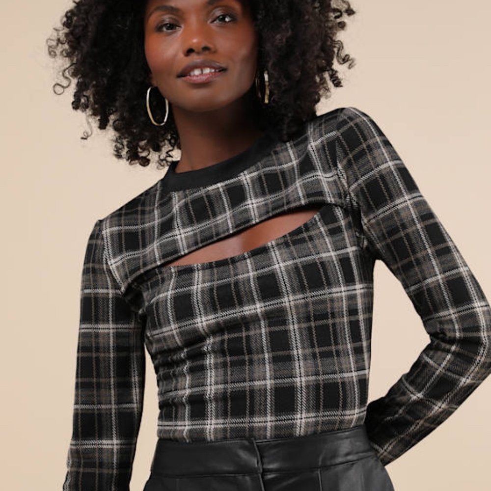 Lulus Iconic Aspect Black And Grey Plaid Cutout Long Sleeve Top - Size M